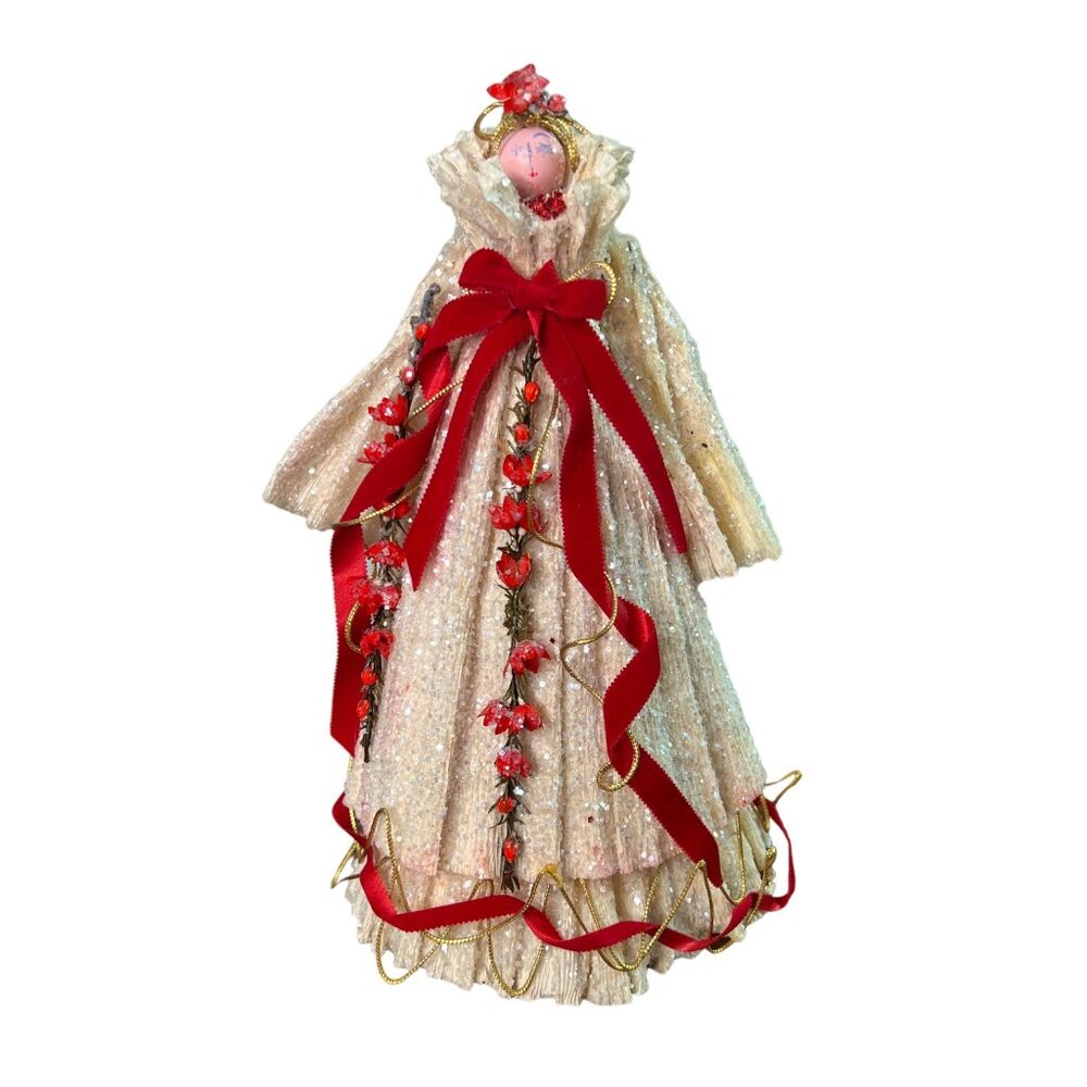 Vintage Glittery Corn Husk Doll With Red Ribbon & Flower Accents